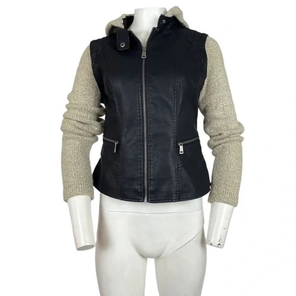 Leather Jacket With Hoodie Black / Cream